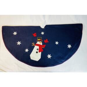 Vintage Felt Applique Christmas Tree Skirt Navy w/ Snowman Snowflakes 50"